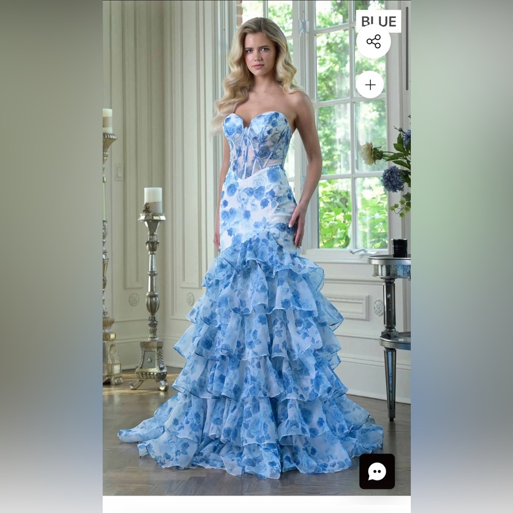 Colors Strapless Corset Blue Floral Ruffled Tiered Gown